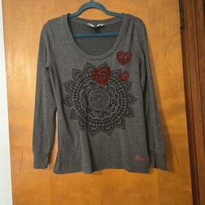 Desigual Gray Heart Print Long Sleeve Sweater Size M